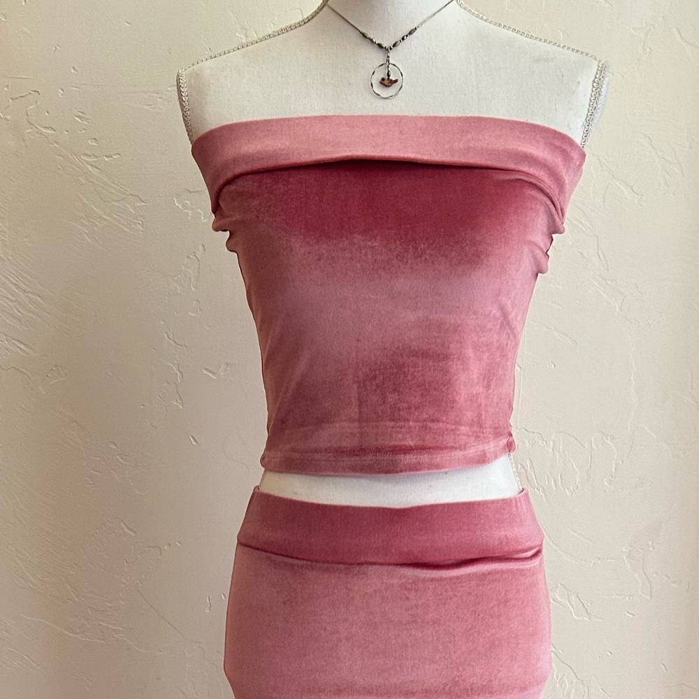Finesse Pink Velvet Strapless Top and Long Skinny Maxi Skirt Set (Medium) NWOT